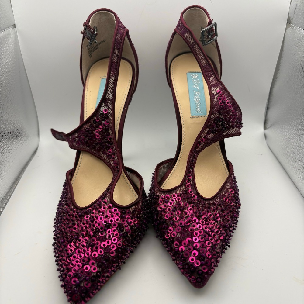 Betsey Johnson SB-ELIZA Plum Lace Sequin Stiletto Pumps Blue Sole Heels 7.5M